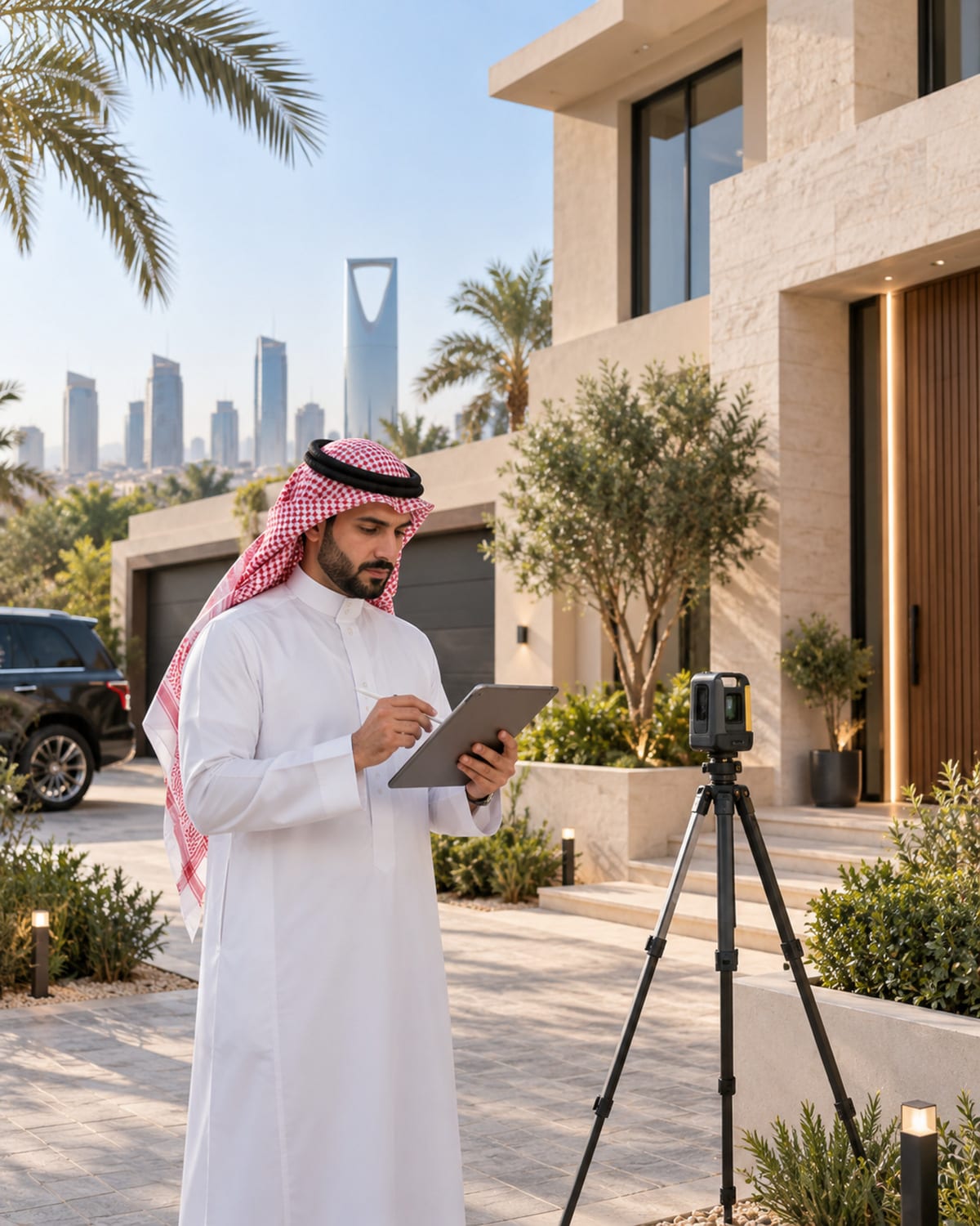 مقيّم عقاري يوثّق قياسات فيلا سكنية باستخدام جهاز مسح ولوح رقمي