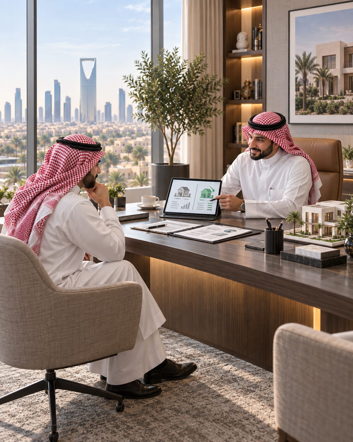 مقارنة خيارات إعادة تمويل عقاري على شاشة لوحية مع مستشار